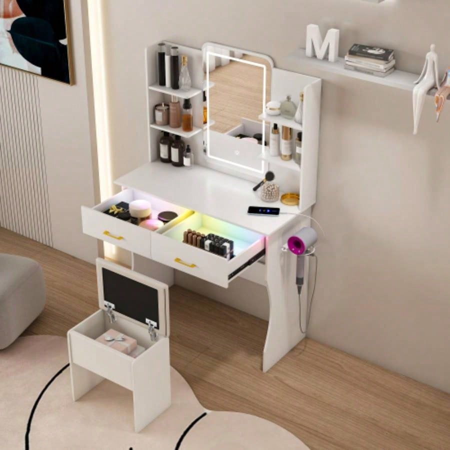 Vanity Desk with LED Lights Mirror Power Outlet, Vanity Table Set with Storage Drawers Chair, 3 Lighting Modes Led RGB Adjustable Brightness, Dressing Table Women Girls Bedroom, White