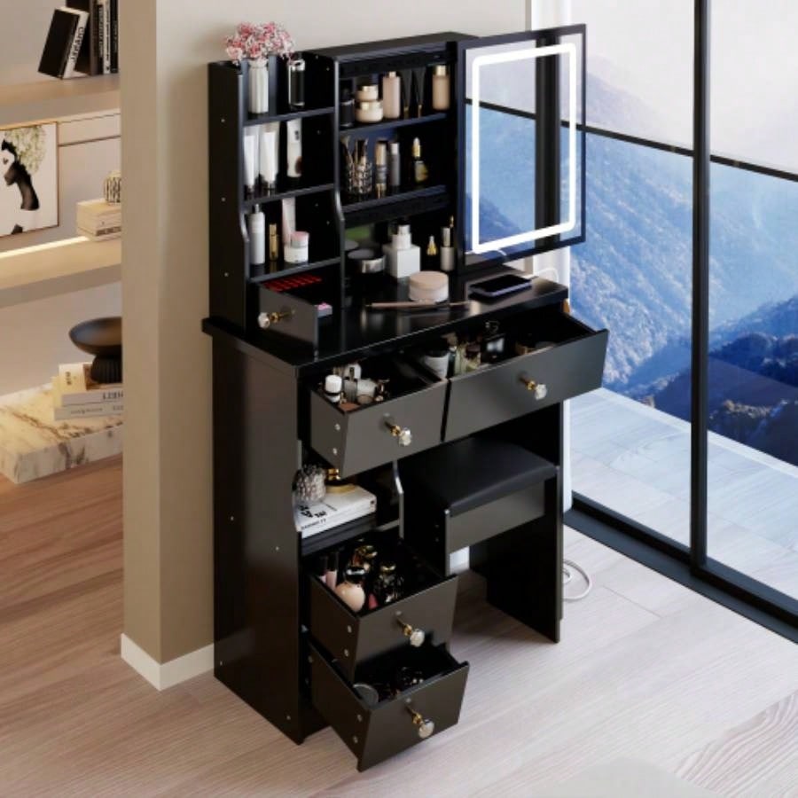 29.2 Small Size Left Drawer Desktop Vanity Table+ Cushioned Stool, 2 AC+2 USB Power Station, Hair dryer bracket, Large Control Sliding LED Mirror, Tri - color Switching, Brightness Adjust