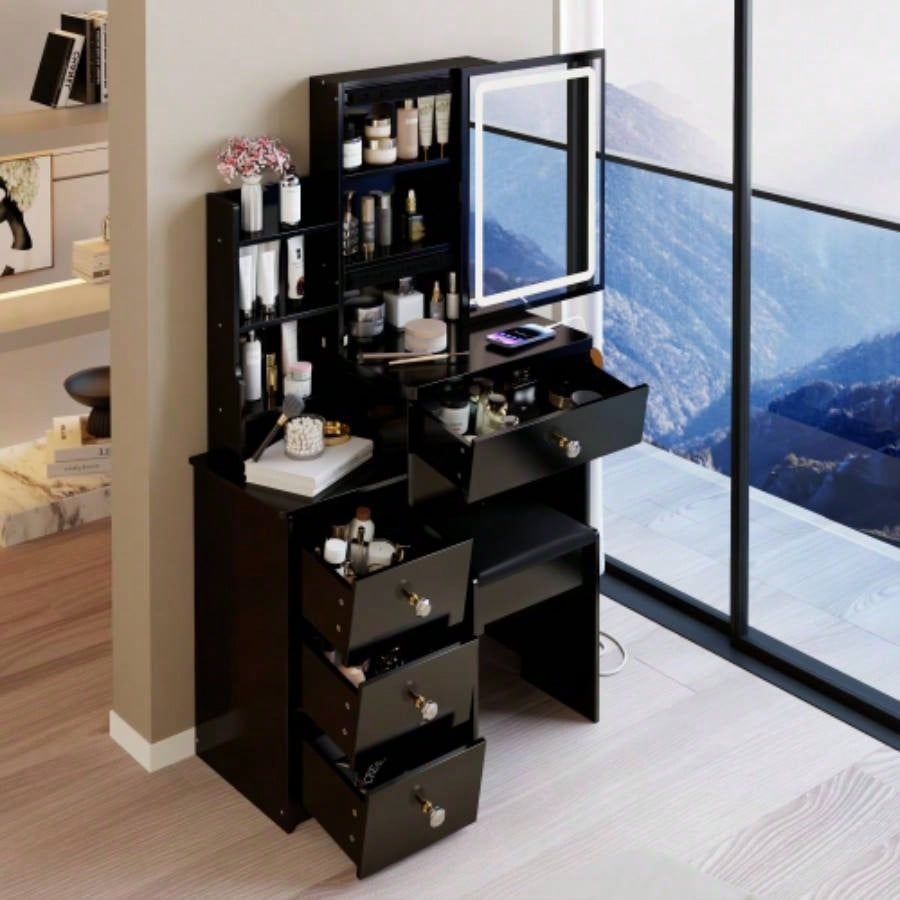 29.2 Small Size Left Bedside Cabinet Vanity Table+ Cushioned Stool, 2 AC+2 USB Power Station, Hair dryer bracket, Large Control Sliding LED Mirror, Tri - color Switching, Brightness Adjust