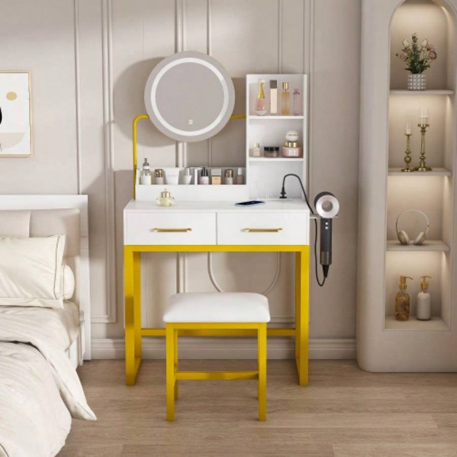 Makeup Vanity with LED Lights3 Color and Power Outlet Makeup Vanity Table with 2 big Drawers with Sturdy Metal Leg and Metal Chair, Dressing Table Bedroom Dressing Room brown