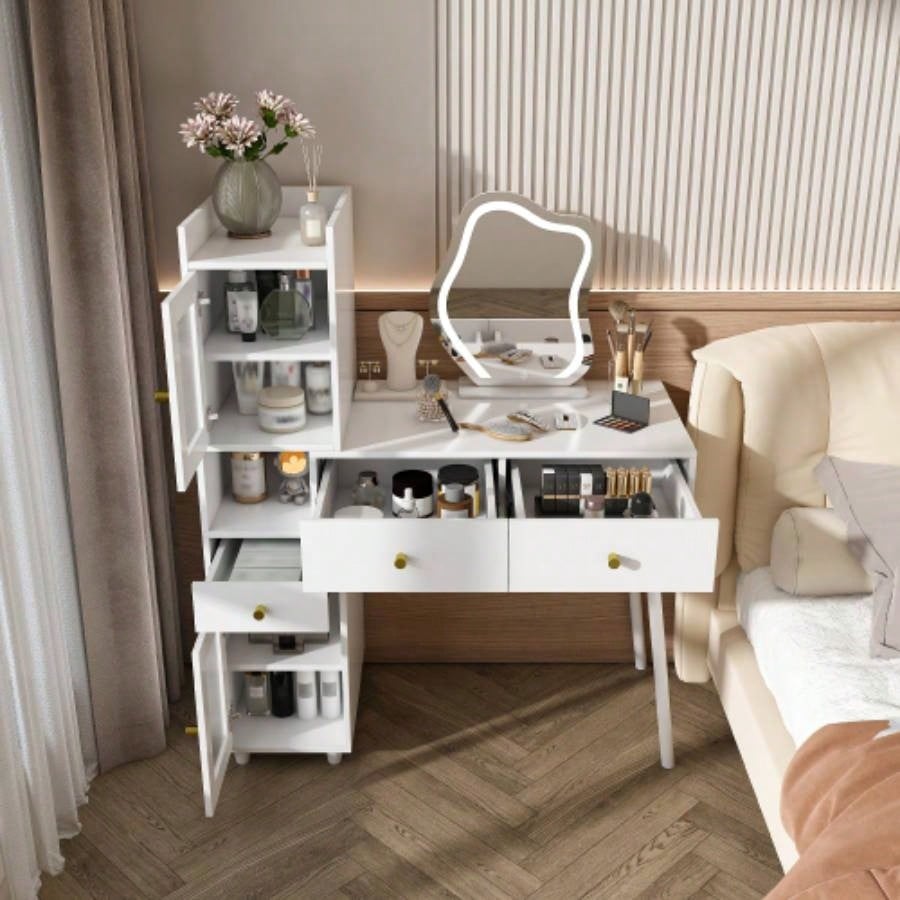 Vanity Dressing Table with LED Mirror Storage - White Makeup Desk Features 3 Drawers, 2 Open Shelves 4 Hidden Cabinets Transparent Doors - 3 Adjustable Lighting Modes - Bedroom or Livi