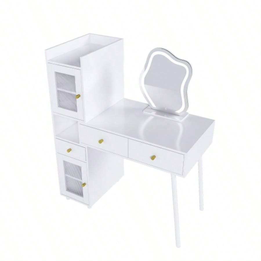 Vanity Dressing Table with LED Mirror Storage - White Makeup Desk Features 3 Drawers, 2 Open Shelves 4 Hidden Cabinets Transparent Doors - 3 Adjustable Lighting Modes - Bedroom or Livi