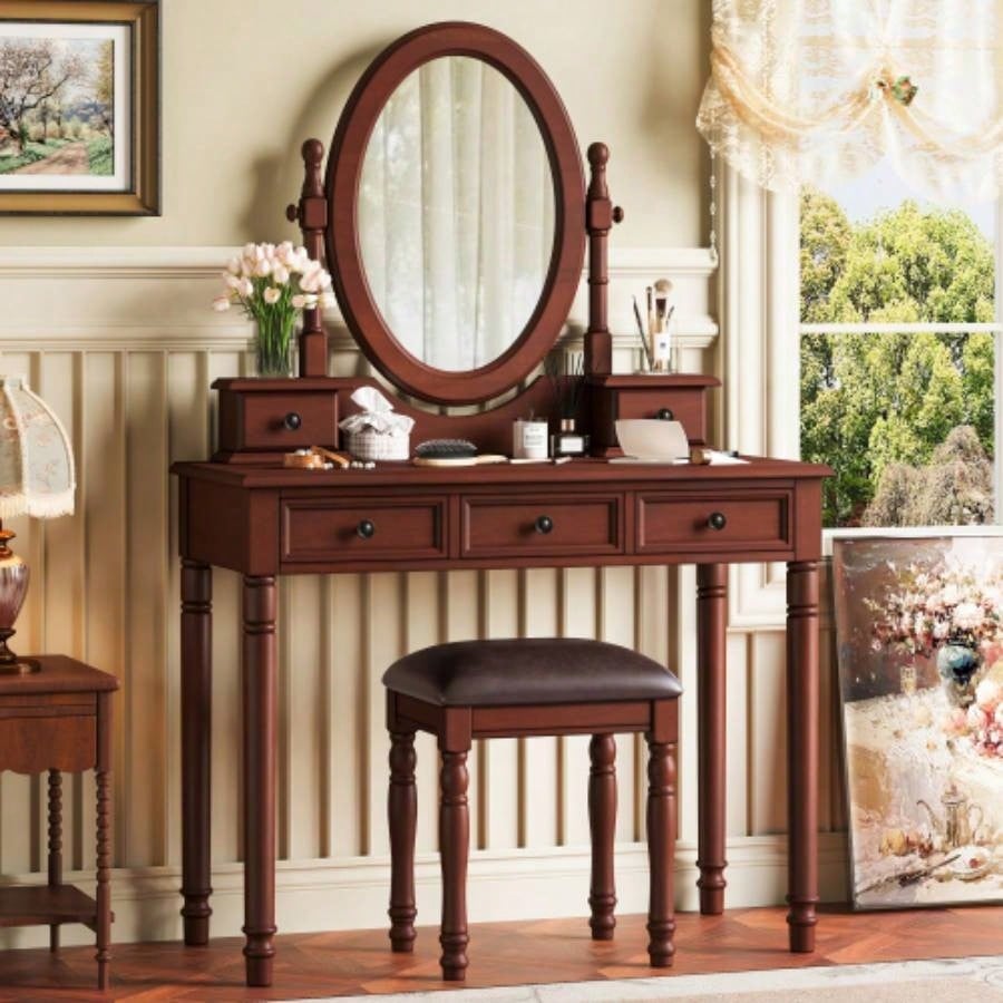 Vanity Desk with Adjustable Angle Mirror, Vintage Vanity Makeup Table and Cushioned Stool Set with Velvet Fabric Lining 5 Drawers, Wooden Dressing Table Set Bedroom, White