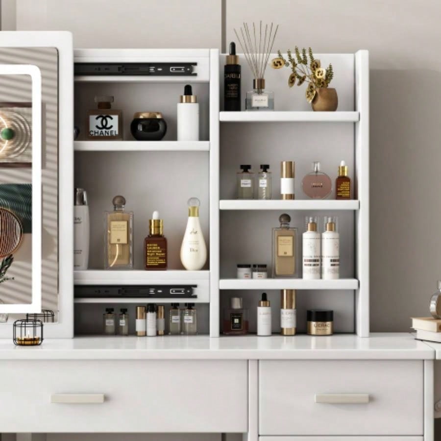 Fashion Vanity Desk with Mirror and Lights Makeup with open shelves and Chair, Vanity Mirror with Lights and Table Set with 3 Color Lighting Brightness Adjustable, 5 Drawers, White Color
