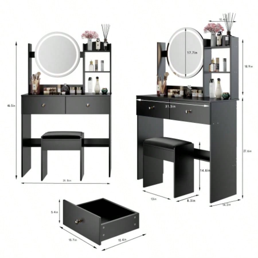 17 Round LED Mirror Vanity Table+ Soft Cushion Stool Set, Large Mirror, Switch, 3 colors, Adjustable Brightness, Large Desktop, Multi - layer High Capacity Storage, Suitable Small Space