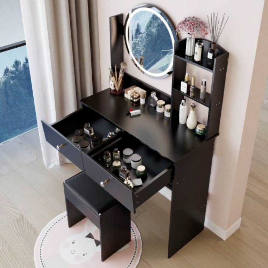 17 Round LED Mirror Vanity Table+ Soft Cushion Stool Set, Large Mirror, Switch, 3 colors, Adjustable Brightness, Large Desktop, Multi - layer High Capacity Storage, Suitable Small Space