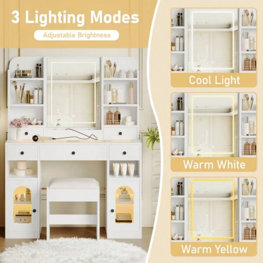 43.2 Vanity Desk with LED Mirror and Lights, Glass Top Vanity with RGB Glass Light Cabinets, Dressing Table with 5 Drawers, Storage Shelves and Stool Bedroom, White