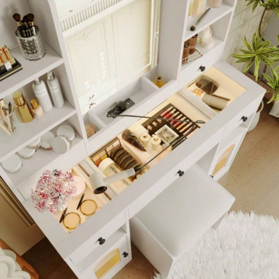 43.2 Vanity Desk with LED Mirror and Lights, Glass Top Vanity with RGB Glass Light Cabinets, Dressing Table with 5 Drawers, Storage Shelves and Stool Bedroom, White