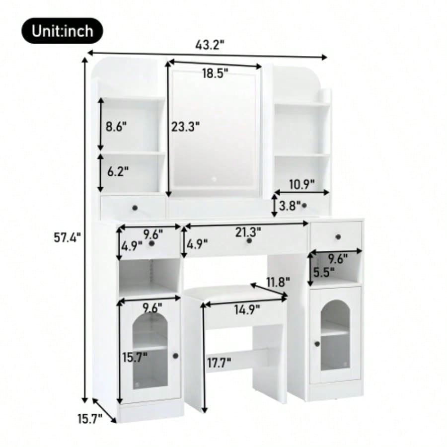 43.2 Vanity Desk with LED Mirror and Lights, Glass Top Vanity with RGB Glass Light Cabinets, Dressing Table with 5 Drawers, Storage Shelves and Stool Bedroom, White