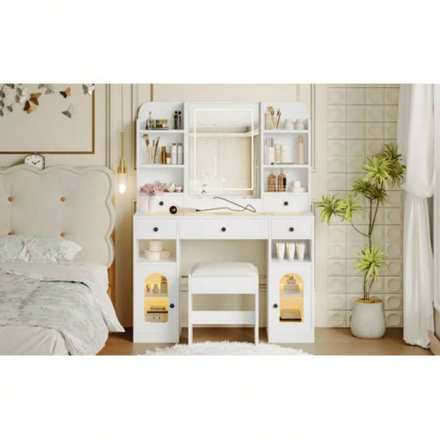 43.2 Vanity Desk with LED Mirror and Lights, Glass Top Vanity with RGB Glass Light Cabinets, Dressing Table with 5 Drawers, Storage Shelves and Stool Bedroom, White