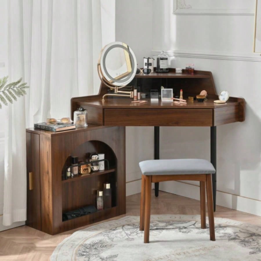 Corner Makeup Vanity Desk With Mirror LED Lights, Modern Vanity Set With Mirror And Stool, Dressing Table With Large Storage Small Place, Brightness Adjustable Folding Mirror, White