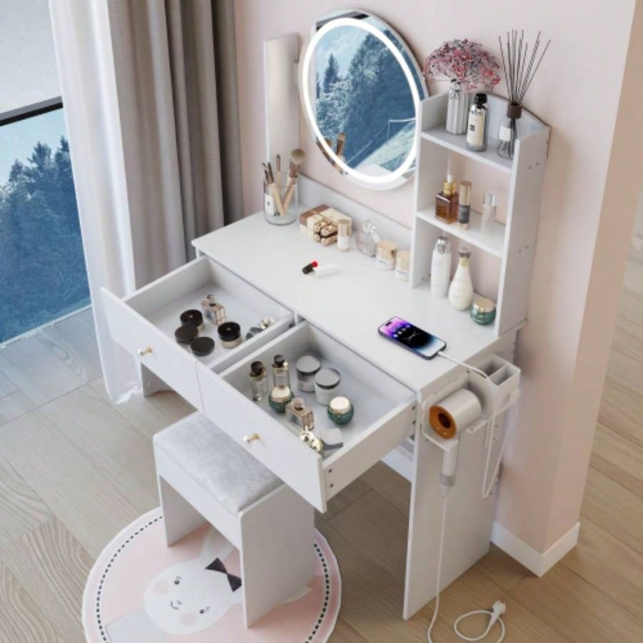 17 Round LED Mirror Vanity Table+Cushioned Stool, Equipped With 2 AC+2 USB Power Socket, Big Mirror, Switch, 3 Colors, Adjustable Brightness, Large Desktop, Multi - layer High Capacity Storage