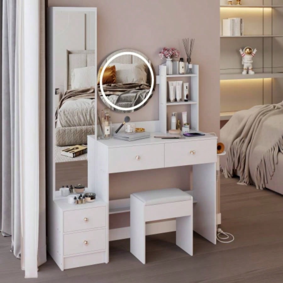 Full Body Mirror Cabinet+ Round Mirror LED Vanity Table+ Cushioned Stool, With 2 AC+ 2 USB Power Station, 17 diameter LED Mirror, Control, 3 - color, Brightness adjustable, Large Desktop