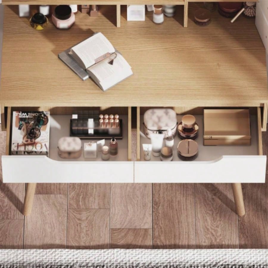 Makeup Vanity Desk with 3 Adjustable Lighted Mirror with solid wood table feet, Dressing Table Set with 4 drawers and 3 open shelves Small space Bedroom