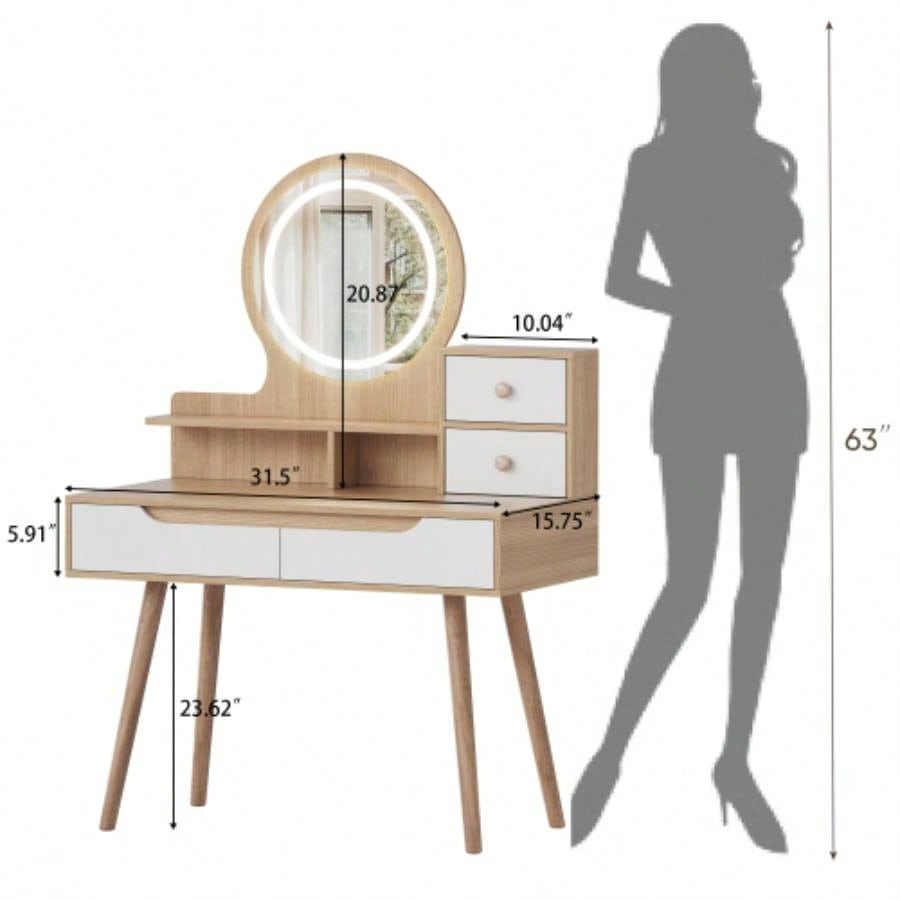 Makeup Vanity Desk with 3 Adjustable Lighted Mirror with solid wood table feet, Dressing Table Set with 4 drawers and 3 open shelves Small space Bedroom