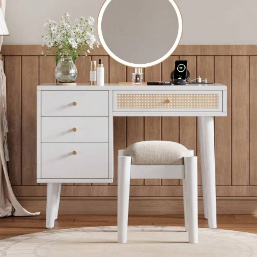 39 Retro Bohemian Style Wooden Makeup Vanity Set with Charging PlugUSB Port and Stool, Dressing Table with 3 Storage Drawers and 1 Rectangular Rattan Drawer, Walnut