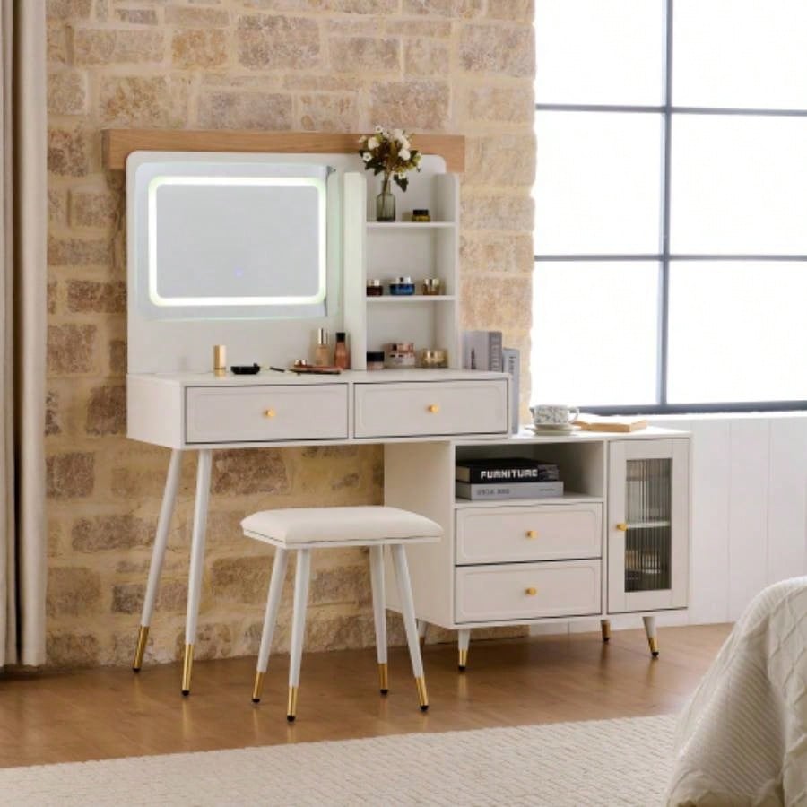 Modern Makeup Vanity Desk with Mirror and Lights, Retractable Dressing Table with Drawers and Cabinet, Compact Makeup Table Set with Power Outlet Bedroom, Black