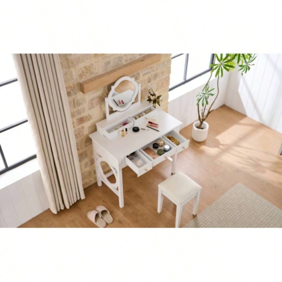 Compact Makeup Vanity Table with Reversible Mirror, Dressing Table Set with Stool, Space - Saving Beauty Station Small Places, White