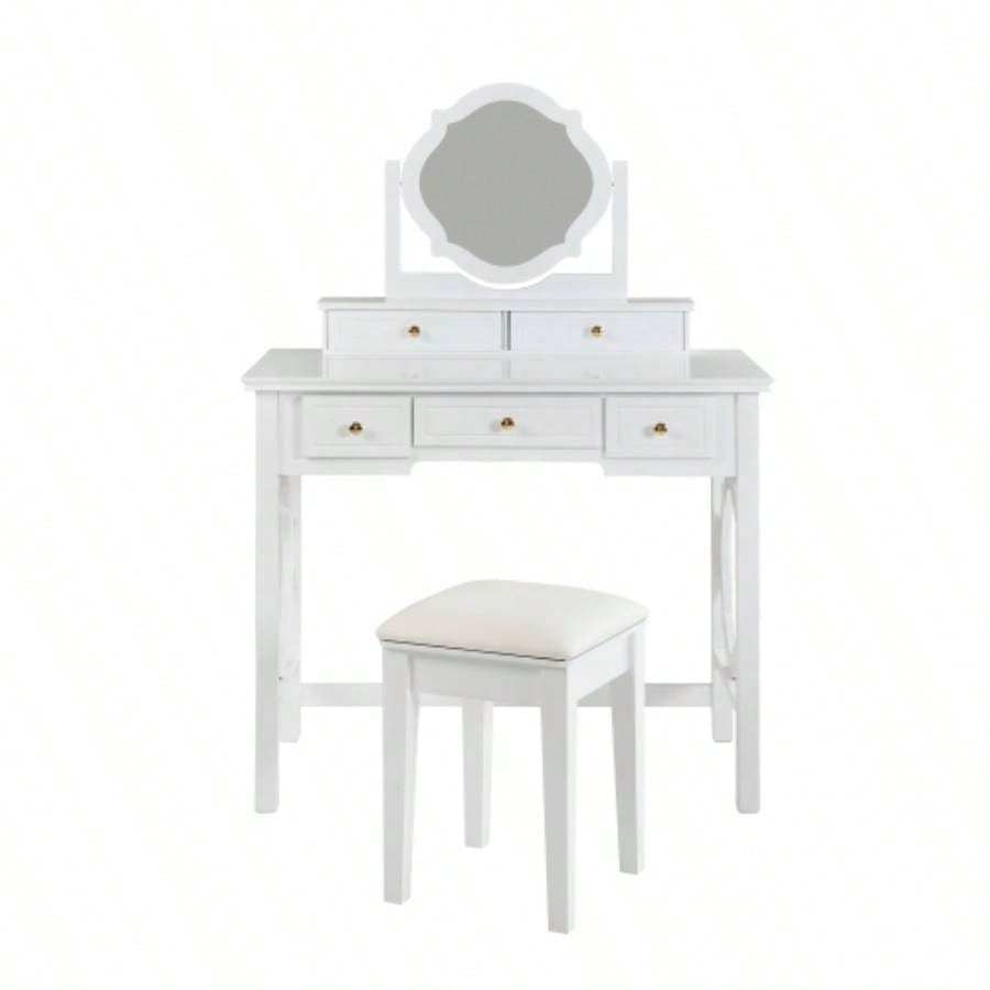 Compact Makeup Vanity Table with Reversible Mirror, Dressing Table Set with Stool, Space - Saving Beauty Station Small Places, White