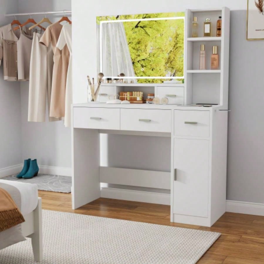 White dressing table with LED 3 - color illuminated mirror and power outlet, dressing table with drawers, storage box and shelf, dressing table with bedroom cushioned stool