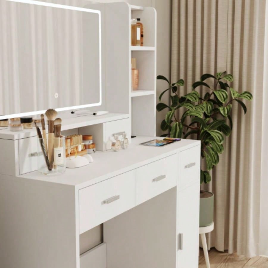 White dressing table with LED 3 - color illuminated mirror and power outlet, dressing table with drawers, storage box and shelf, dressing table with bedroom cushioned stool