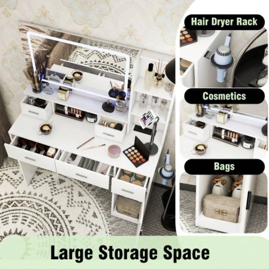 White dressing table with LED 3 - color illuminated mirror and power outlet, dressing table with drawers, storage box and shelf, dressing table with bedroom cushioned stool