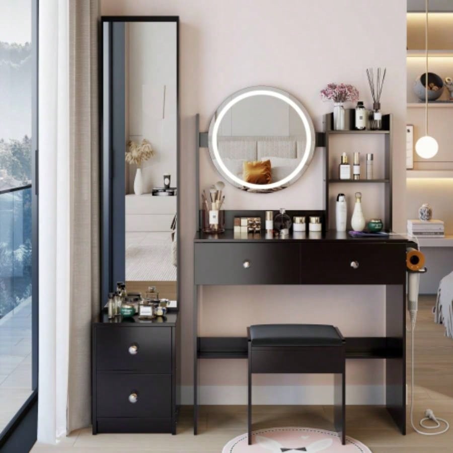Full Body Mirror Cabinet+ Round Mirror LED Vanity Table+ Cushioned Stool, With 2 AC+ 2 USB Power Station, 17 diameter LED Mirror, Control, 3 - color, Brightness adjustable, Large Desktop