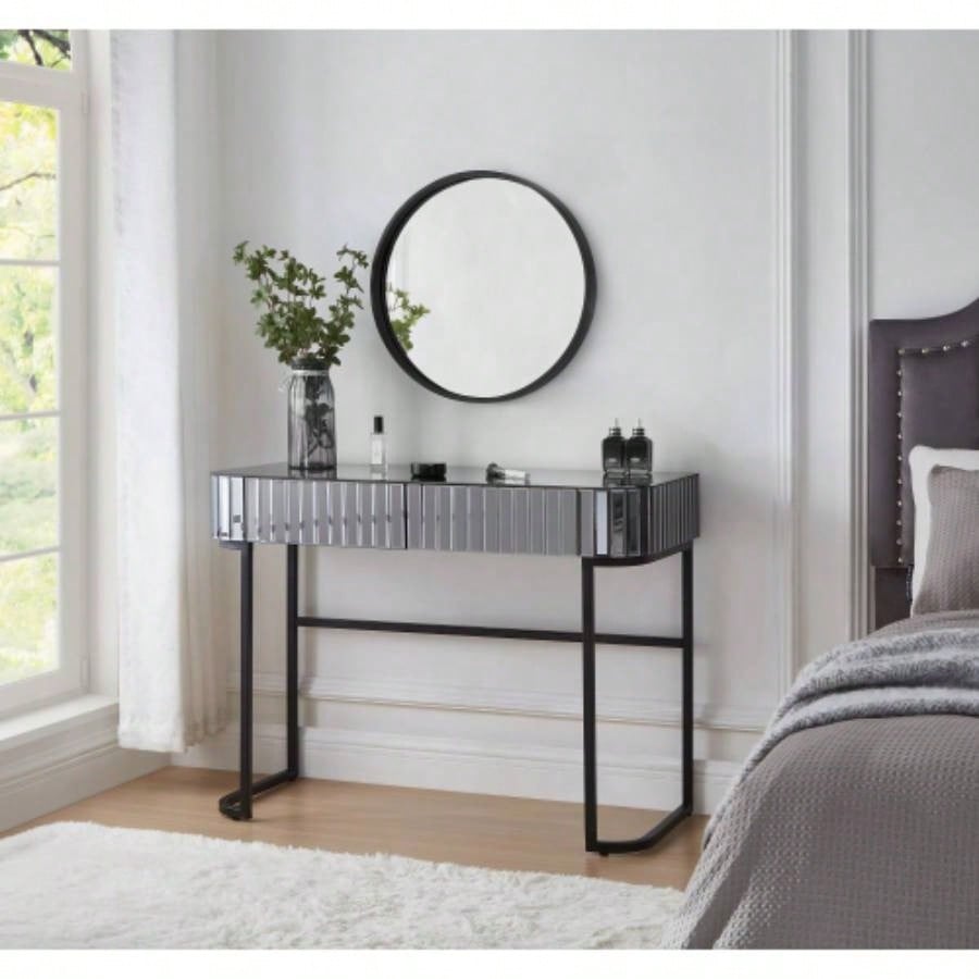 33.9 Mirrored Makeup Vanity Desk with Mirror and Lights, Mirrored Console Vanity Table with 2 Big Drawers Open Shelf, Dressing Table with Charging Station Bedroom, Silver