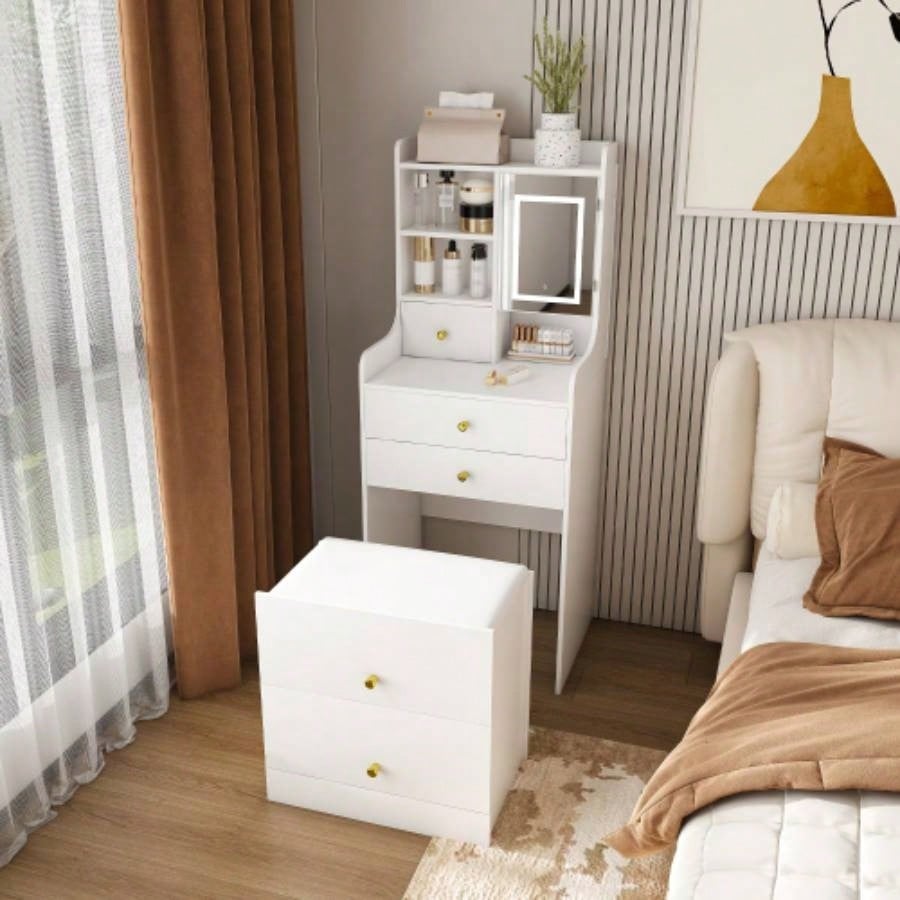 3 - in - 1 Dressing Table with LED Mirror Storage Stool - Compact Makeup Vanity with 4 Drawers, Storage Cabinet Hidden Stool, White Density Board Design, Open Bookshelf Bedroom Organization
