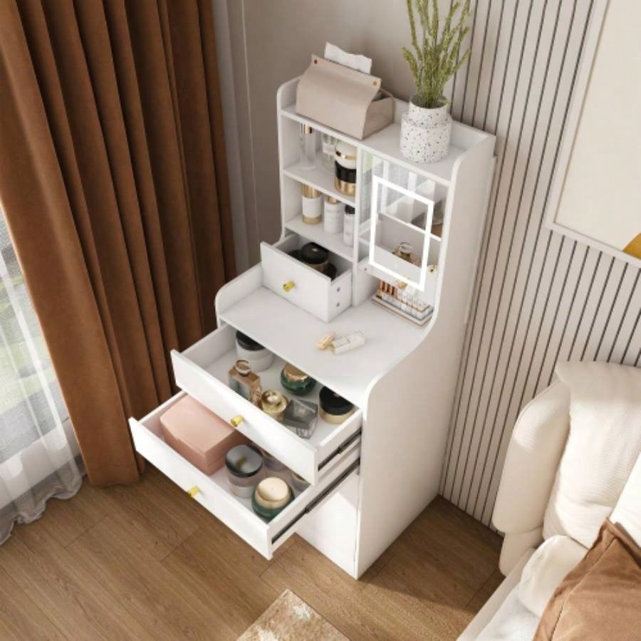 3 - in - 1 Dressing Table with LED Mirror Storage Stool - Compact Makeup Vanity with 4 Drawers, Storage Cabinet Hidden Stool, White Density Board Design, Open Bookshelf Bedroom Organization