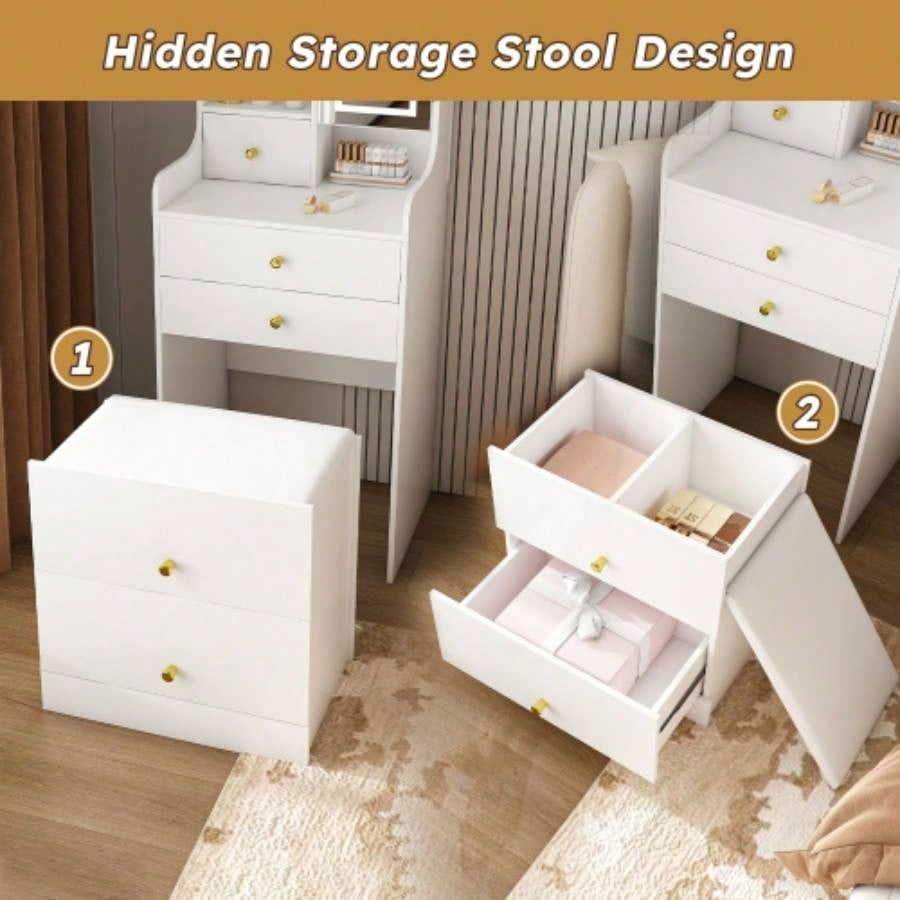 3 - in - 1 Dressing Table with LED Mirror Storage Stool - Compact Makeup Vanity with 4 Drawers, Storage Cabinet Hidden Stool, White Density Board Design, Open Bookshelf Bedroom Organization