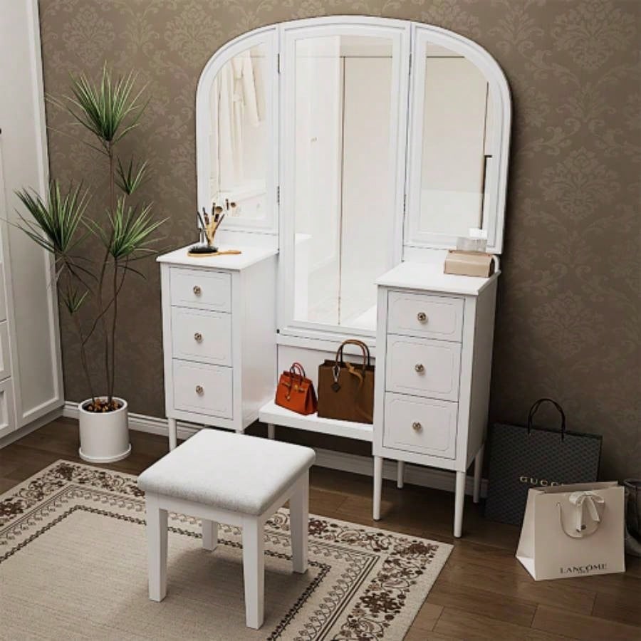 Antique Makeup Vanity Desk with Triple Mirror, 6 - Drawer Dressing Table Set Including Stool, Full Length Mirror Bedroom Dressing Room, White