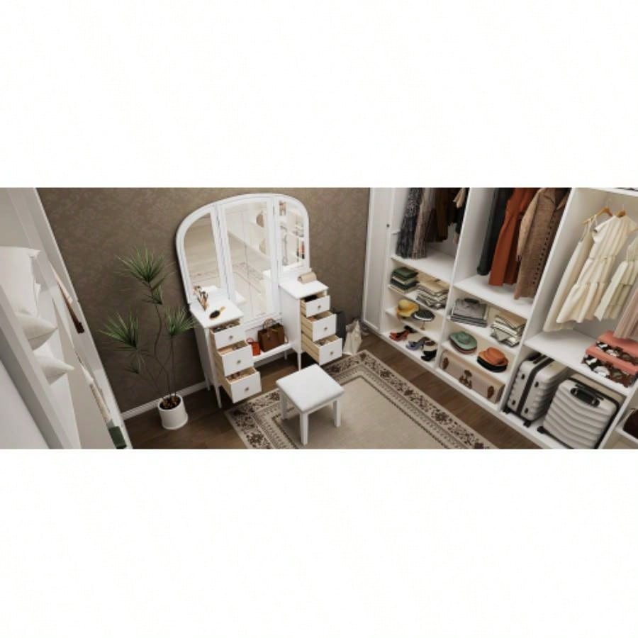Antique Makeup Vanity Desk with Triple Mirror, 6 - Drawer Dressing Table Set Including Stool, Full Length Mirror Bedroom Dressing Room, White