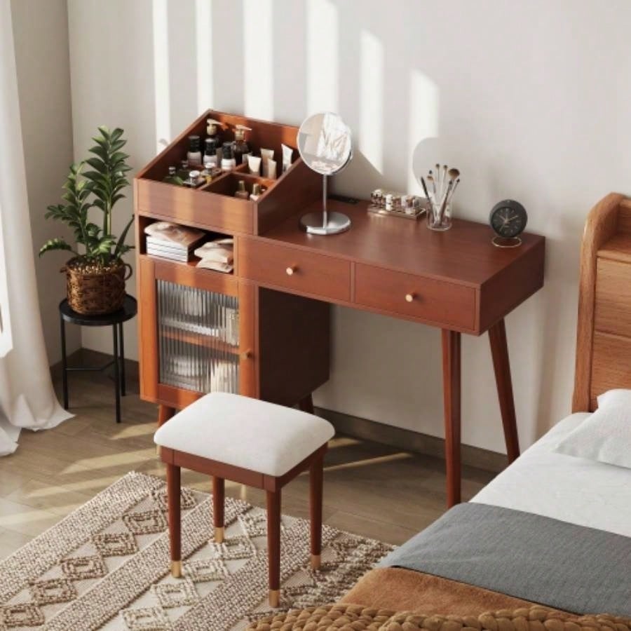 Modern Makeup Vanity Desk with Drawers, Cabinet Charging Port, Space - saving Dressing Table Set with Stool Small Places, Black