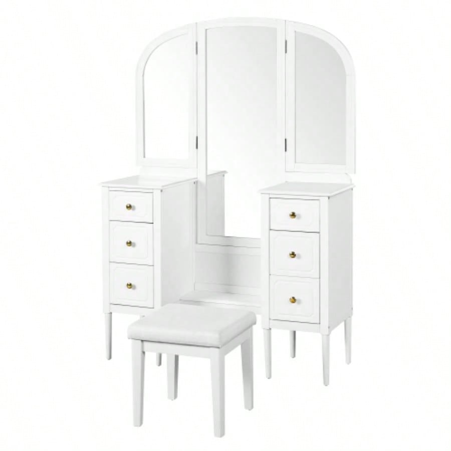 Antique Makeup Vanity Desk with Triple Mirror, 6 - Drawer Dressing Table Set Including Stool, Full Length Mirror Bedroom Dressing Room, White