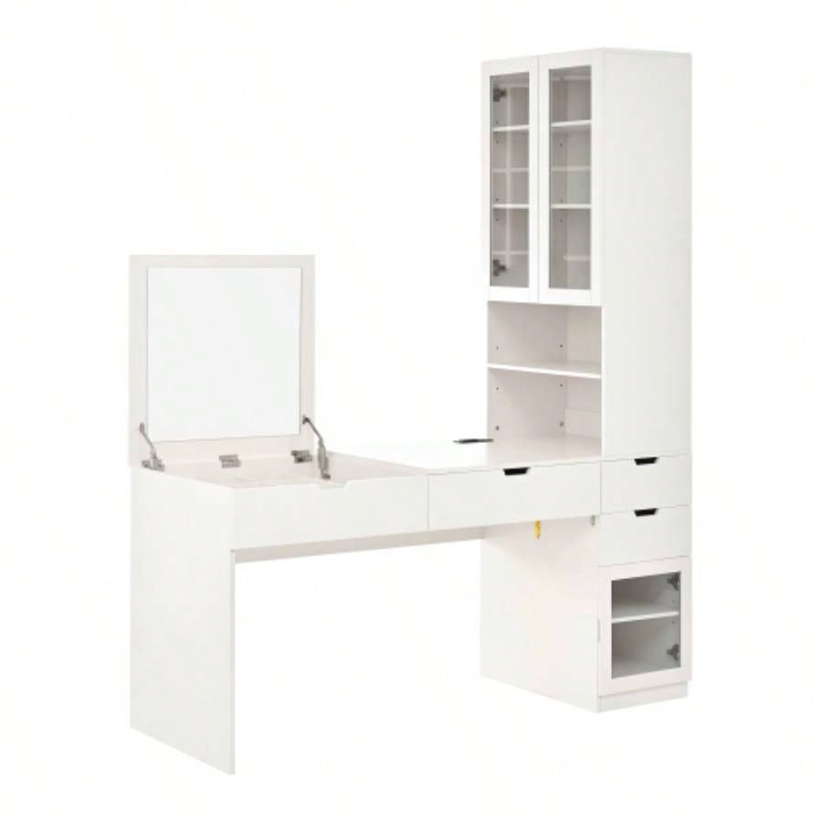 Versatile Makeup Vanity Desk with Mirror and Charging Station, Dressing Table with 8 Hidden Storage Compartments, Computer Desk with 3 Drawers, 2 Cabinets and Open Shelves, Home Office Desk, White