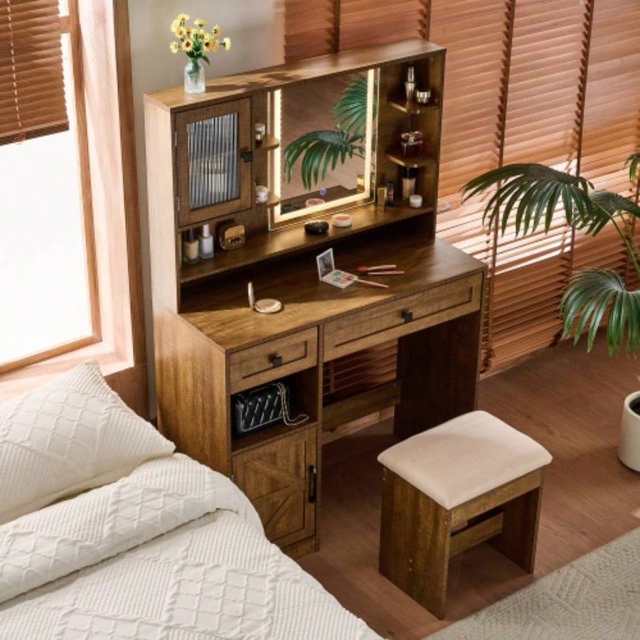 Farmhouse Makeup Vanity Desk with Mirror and Lights, Dressing Table Set with Charging Station and Stool, Drawers, Shelves and Side Cabinet, White