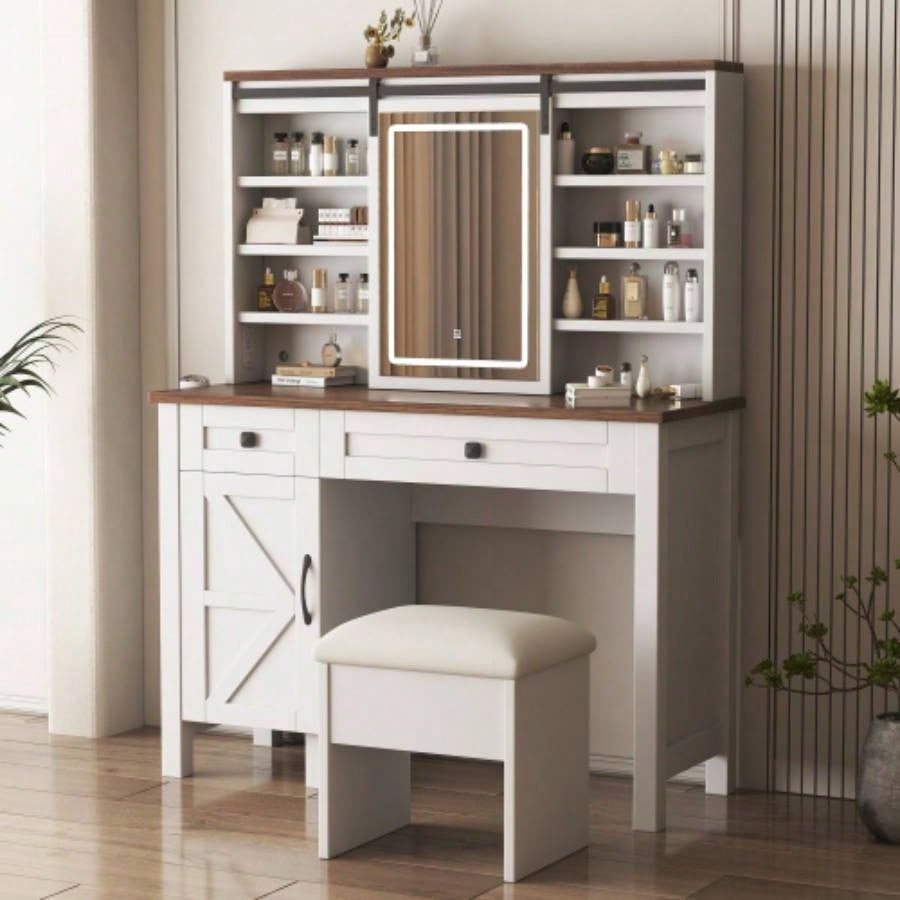 Farmhouse Makeup Vanity Desk with Sliding Mirror and Lights and Hairdryer holder and charging socket Multilayer storage Shelves, and 2 drawer and big storage cabinet Rustic Big Vanity Set Bedroom