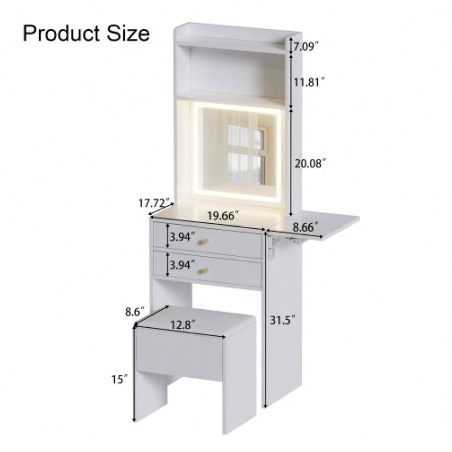 Small Space Vanity Table Set with 3 Adjustable Lighted Mirror and Storage Chair, Makeup Vanity Table Small Space, White Dressing Table with Fold - up Panel Bedroom