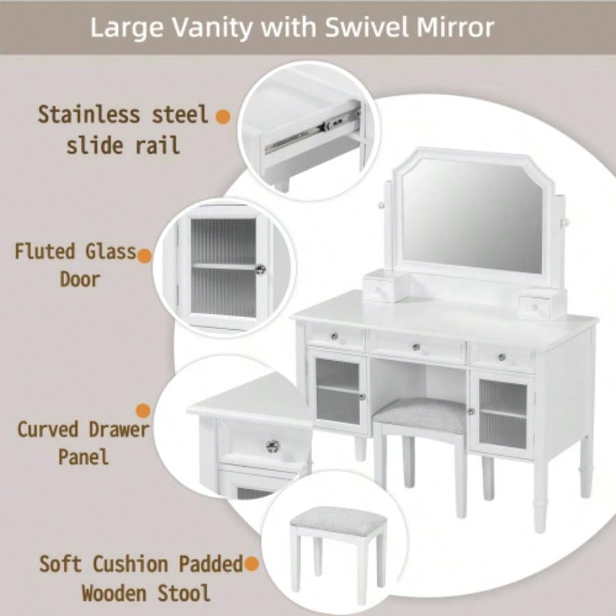 44.4 Makeup Vanity Desk with Large Adjustable Mirror, Dressing Table Set with Drawer Cabinet, Space - Saving Beauty Station Bedroom, White