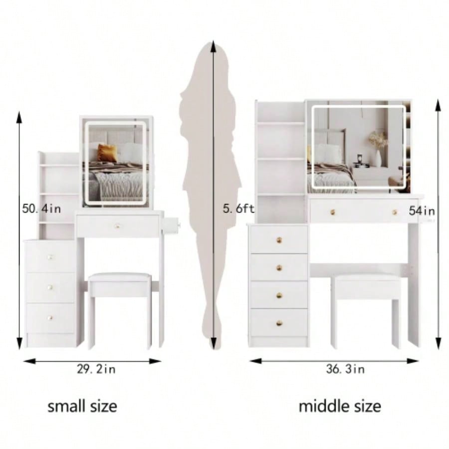 29.2 Small Size Left Bedside Cabinet Vanity Table+ Cushioned Stool, 2 AC+2 USB Power Station, Hair dryer bracket, Large Control Sliding LED Mirror, Tri - color Switching, Brightness Adjust