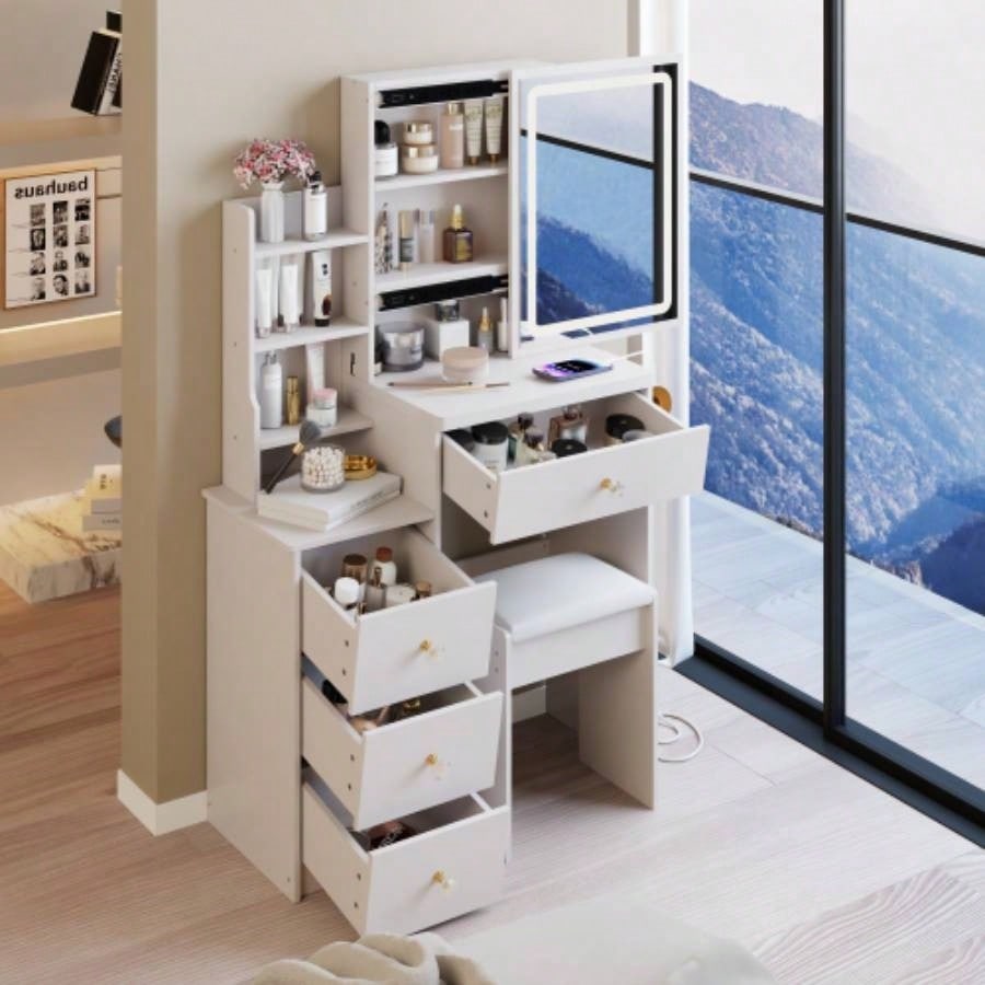 29.2 Small Size Left Bedside Cabinet Vanity Table+ Cushioned Stool, 2 AC+2 USB Power Station, Hair dryer bracket, Large Control Sliding LED Mirror, Tri - color Switching, Brightness Adjust