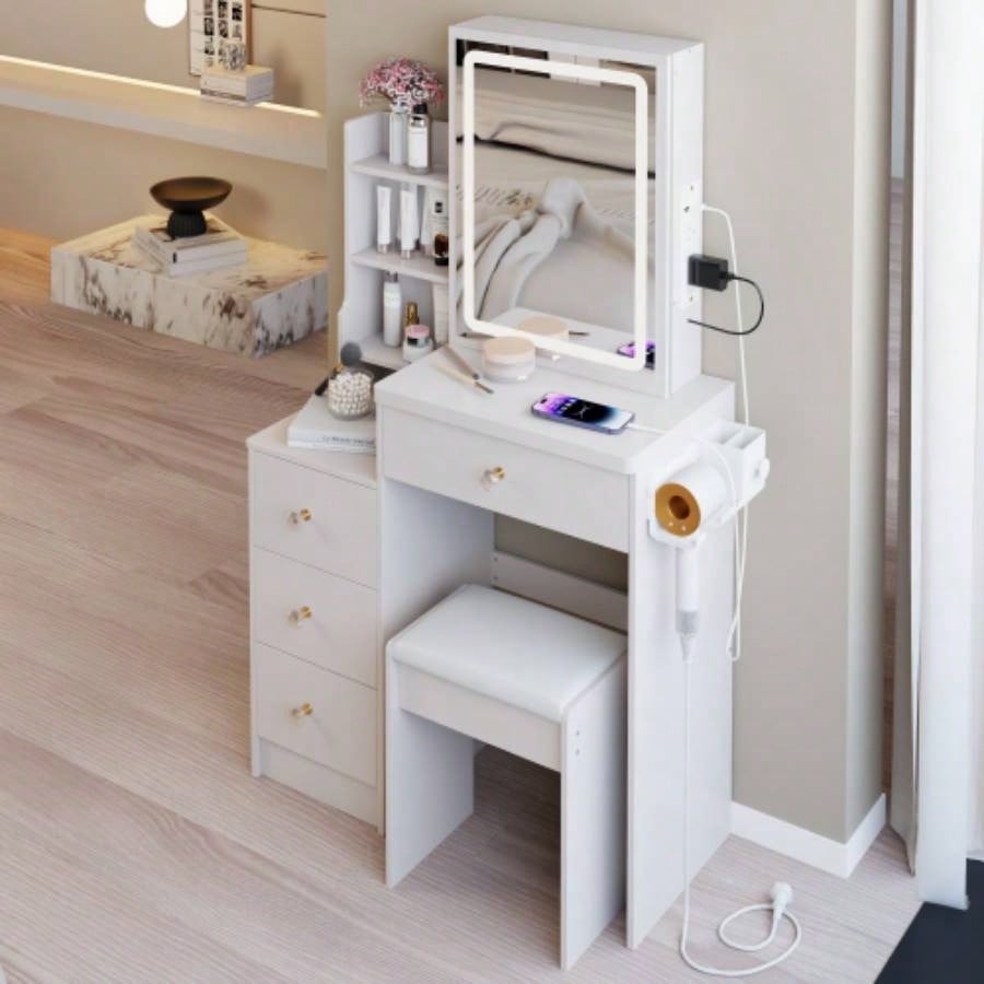 29.2 Small Size Left Bedside Cabinet Vanity Table+ Cushioned Stool, 2 AC+2 USB Power Station, Hair dryer bracket, Large Control Sliding LED Mirror, Tri - color Switching, Brightness Adjust