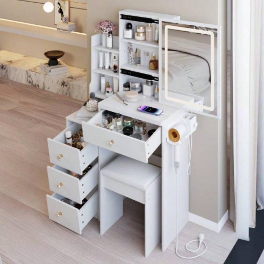 29.2 Small Size Left Bedside Cabinet Vanity Table+ Cushioned Stool, 2 AC+2 USB Power Station, Hair dryer bracket, Large Control Sliding LED Mirror, Tri - color Switching, Brightness Adjust