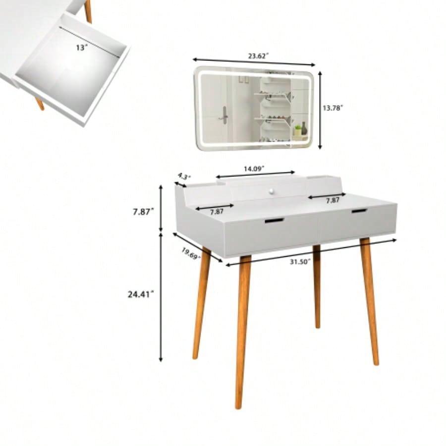 Makeup Vanity Desk with Removable Mirror and Lights, 3 Color Modes Adjustable Brightness Dressing Table, Small Vanity Table Set with 2 Drawers Bedroom, white 31.5