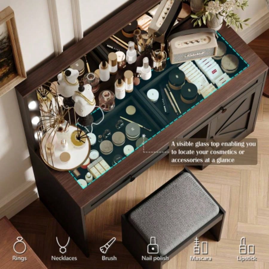 43.4Makeup Vanity Table, Makeup Table with Large Mirror and 11 LED Light, Brightness Adjustable, Dressing Table Desk with 3 Drawers, Vanity Desk WomenBlack with Stool