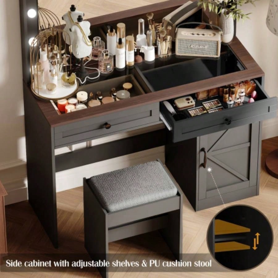 43.4Makeup Vanity Table, Makeup Table with Large Mirror and 11 LED Light, Brightness Adjustable, Dressing Table Desk with 3 Drawers, Vanity Desk WomenBlack with Stool