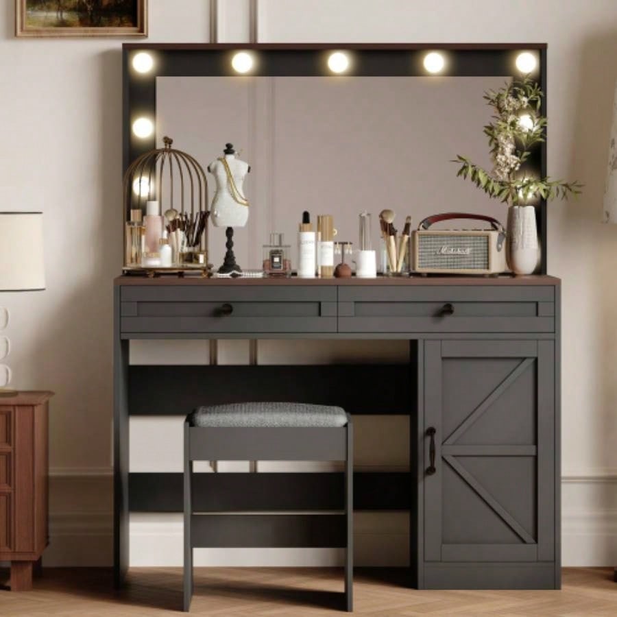 43.4Makeup Vanity Table, Makeup Table with Large Mirror and 11 LED Light, Brightness Adjustable, Dressing Table Desk with 3 Drawers, Vanity Desk WomenBlack with Stool
