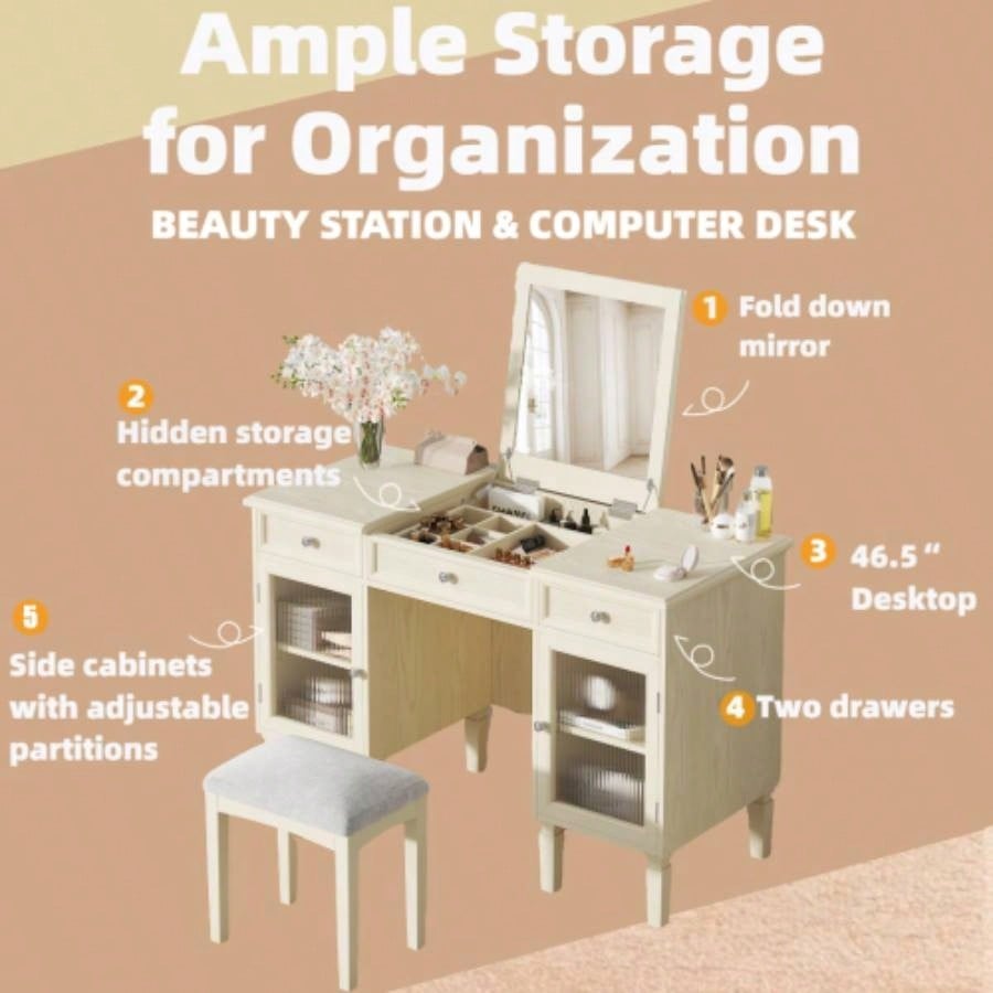 2 - in - 1 Vanity Desk with Flip - Top Mirror, Dressing Table Set with Drawer Cabinet, Multi - Functional Computer Writing Desk Study, Dressing Room, Bedroom, Living Room, White Oak