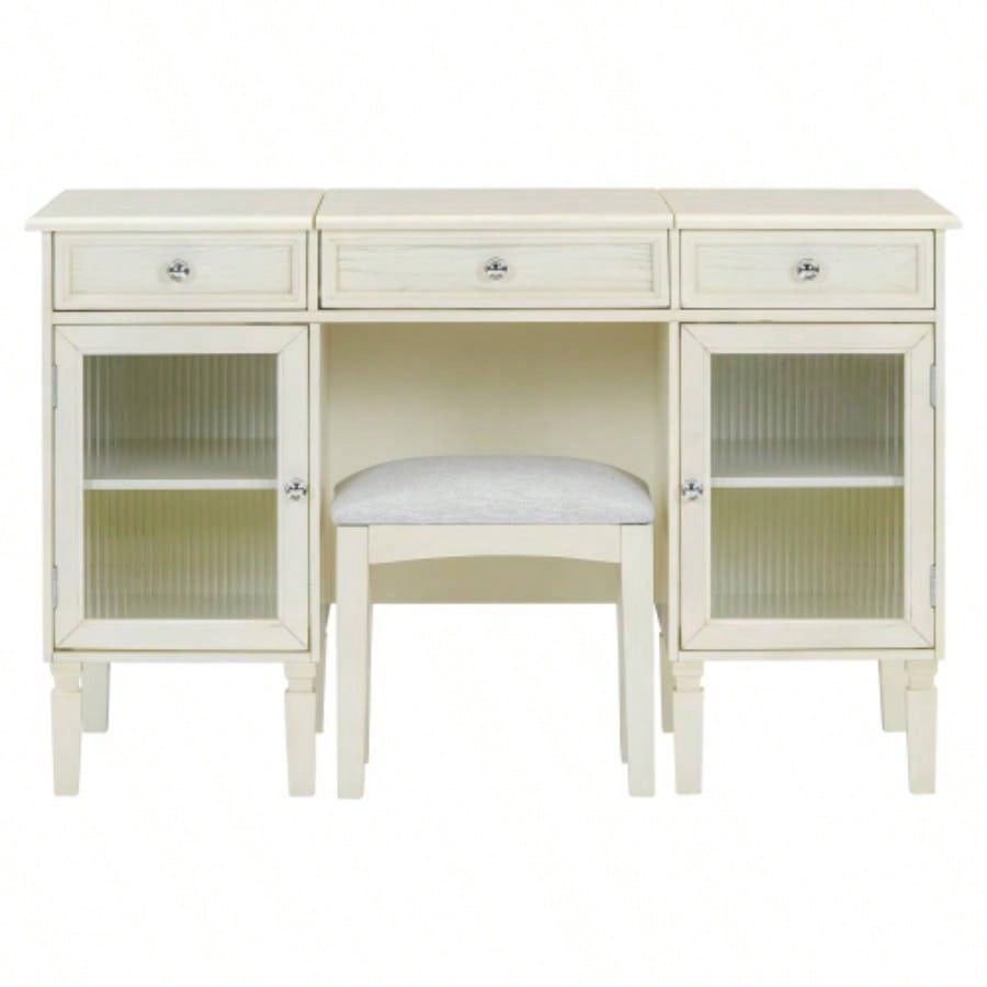 2 - in - 1 Vanity Desk with Flip - Top Mirror, Dressing Table Set with Drawer Cabinet, Multi - Functional Computer Writing Desk Study, Dressing Room, Bedroom, Living Room, White Oak